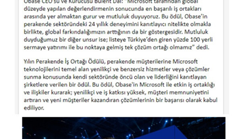 Microsoft Global İş Ortağı Ödülü Obase’in!