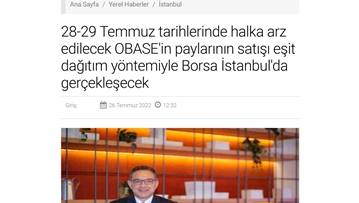 OBASE Borsa’da Satış Yolu Ile Halka Arz Oluyor.