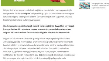 Migros, blockchain teknolojisi ile meyve ve sebzelerin tazeliğinin takibi üzerinde çalışıyor